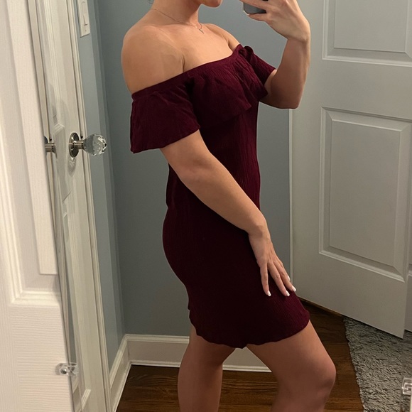 Ambiance Off Shoulder Ruffle Cranberry Dress - Picture 3 of 6